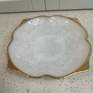 Vintage 1960s ANCHOR HOCKING Pedestal Milk Glass Bowl | Embossed Grapes | 9"